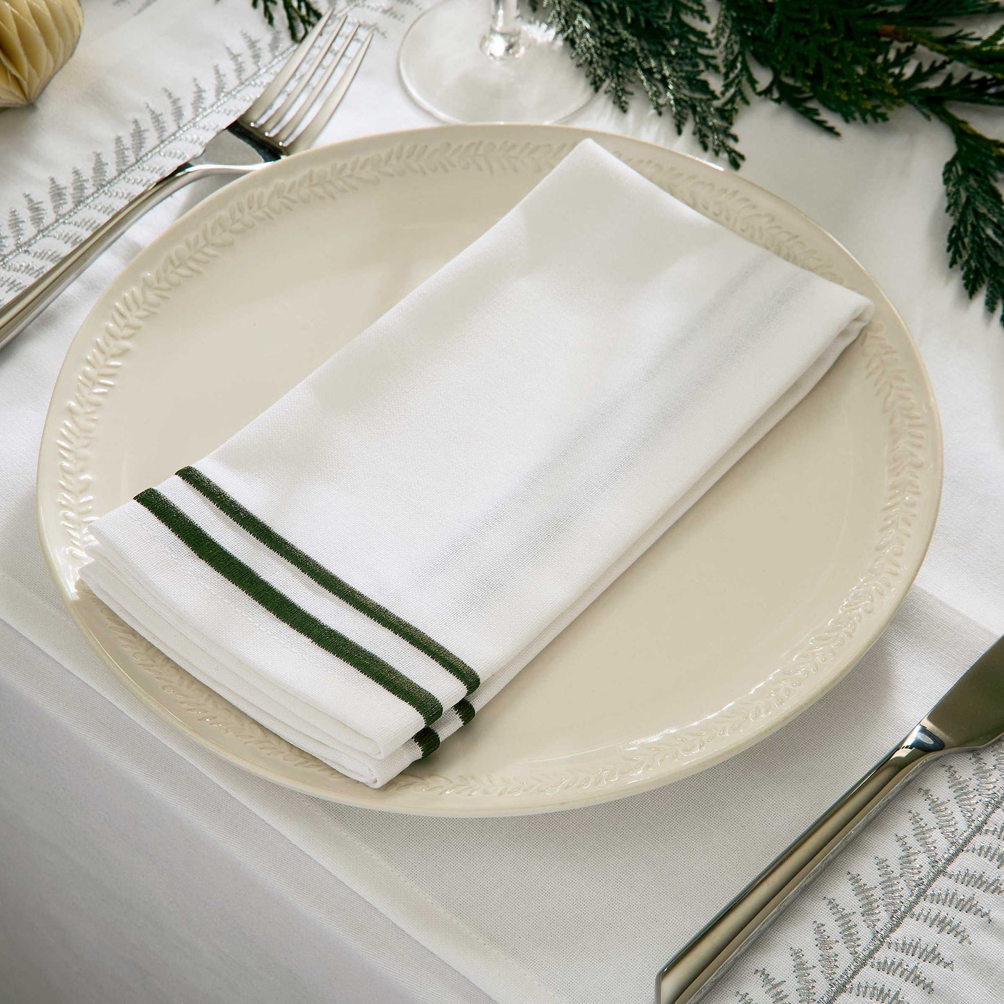 Embroidered Twin Edge Napkins, Green - Set of 4