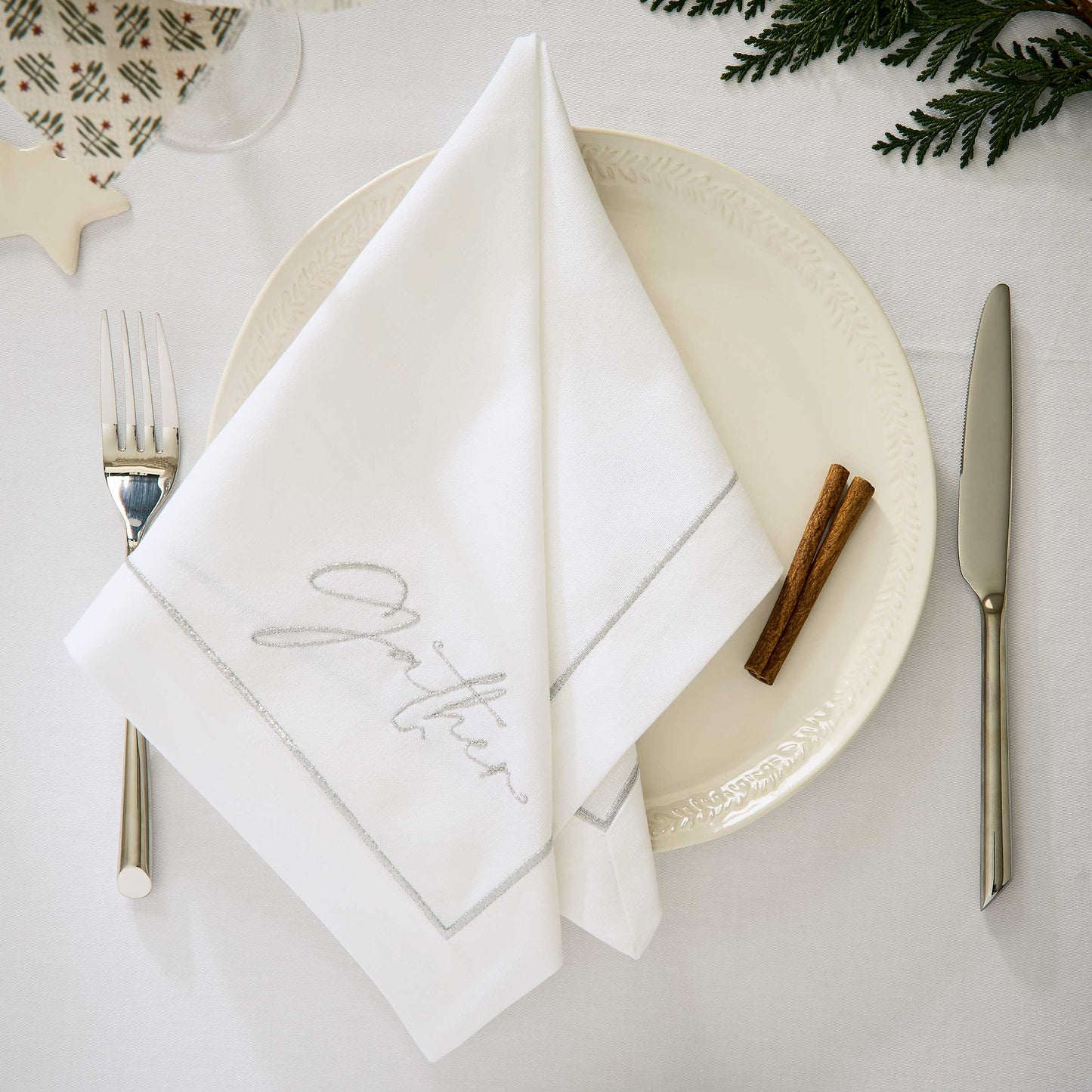 Gather Embroidered Napkins, White/Silver - Set of 4