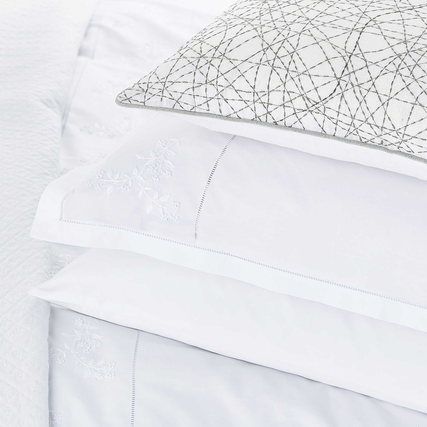White Embroidered Floral Bedding Stack