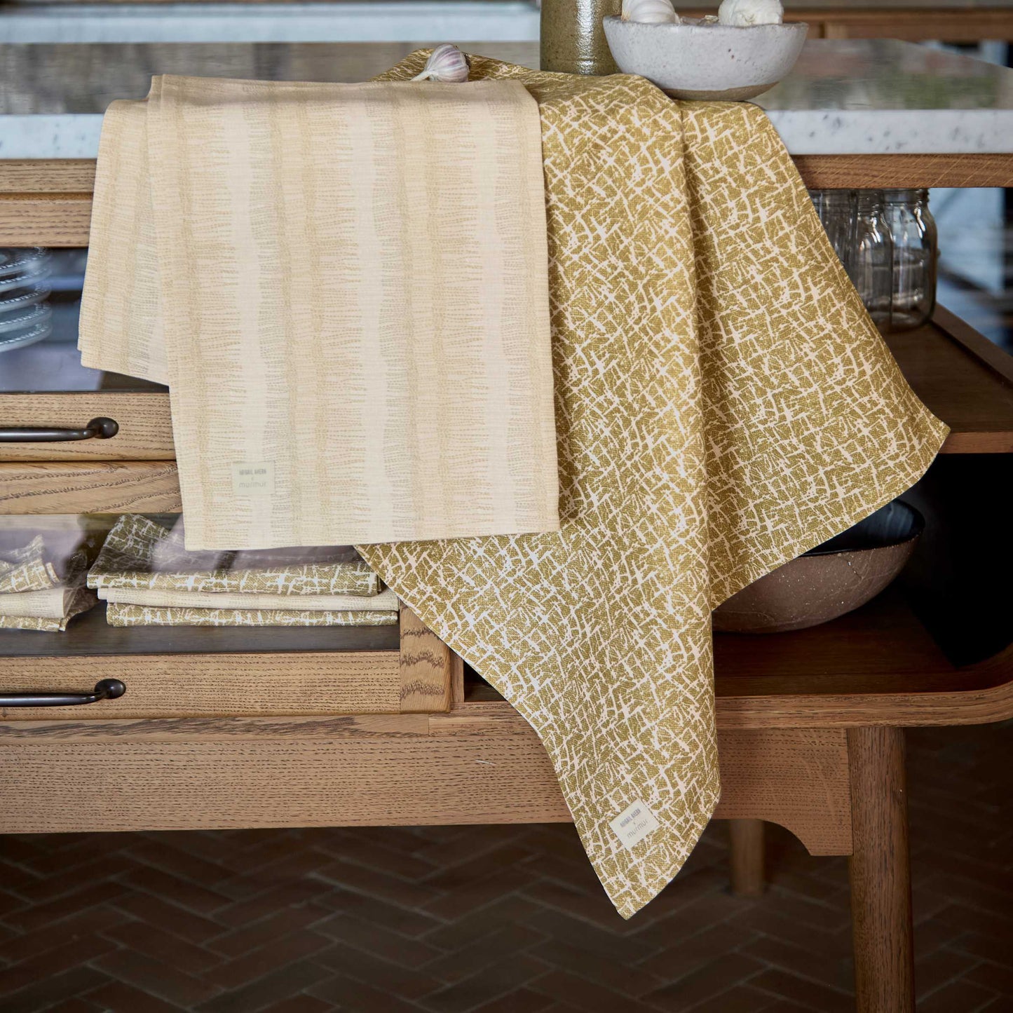 Camille & Moya Tea Towels, Warm Ochre/Canvas Cream
