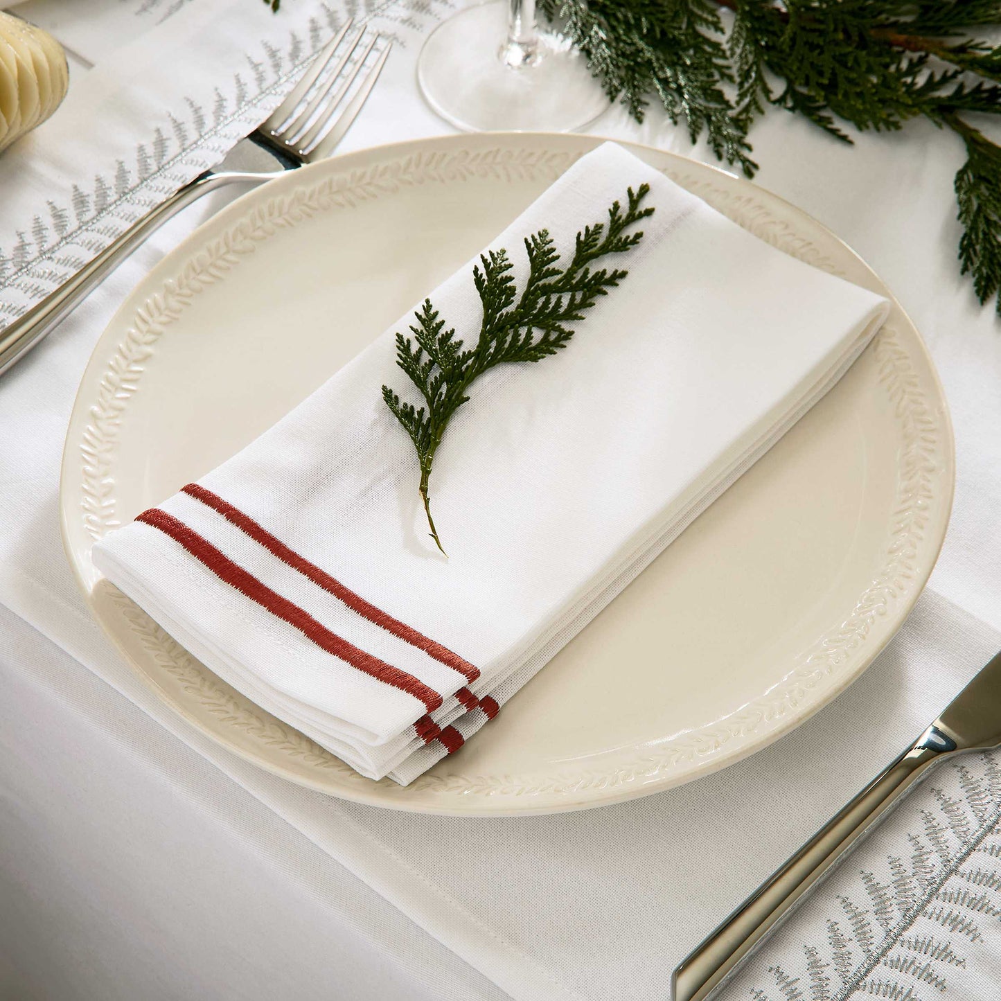Embroidered Twin Edge Napkins, Red - Set of 4