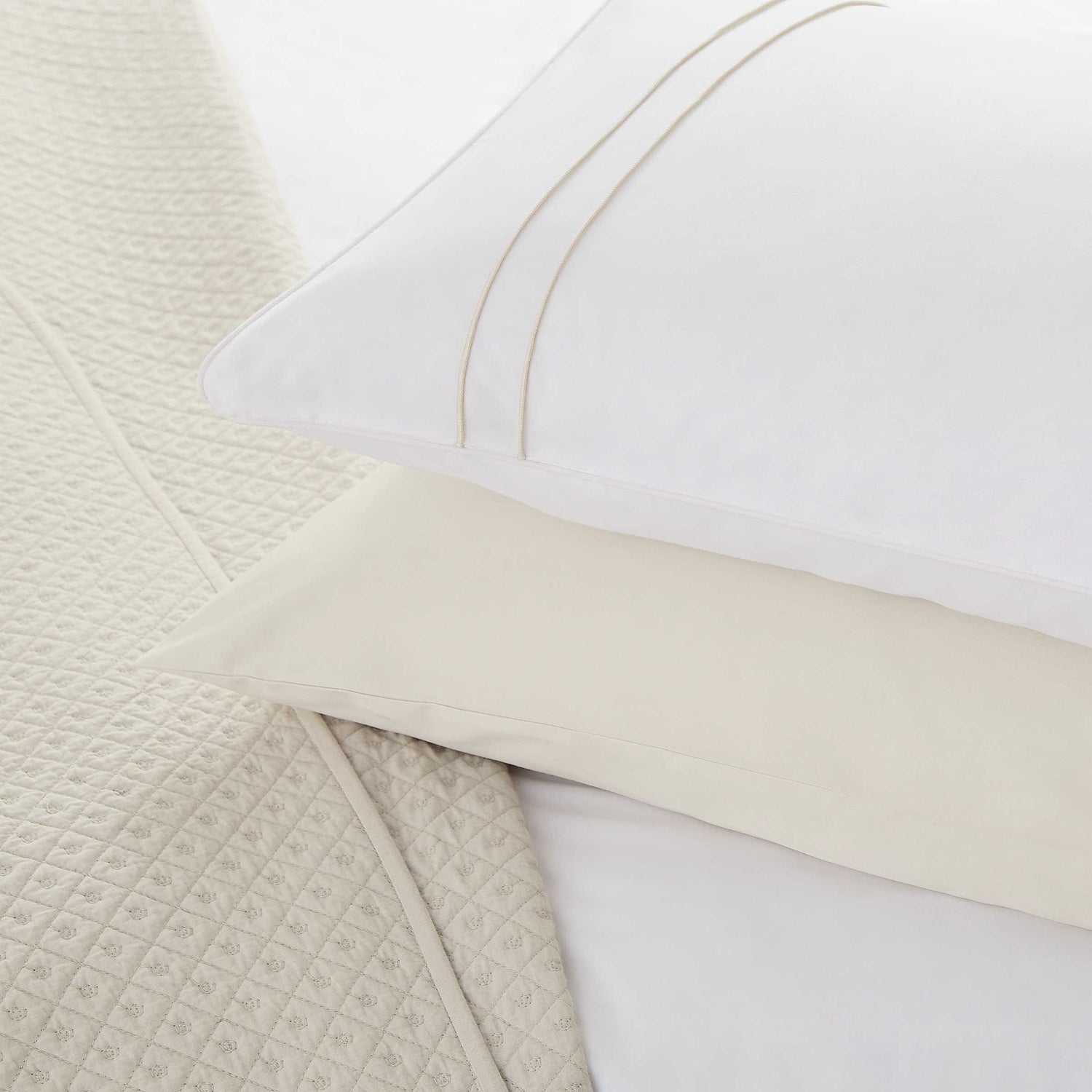 White Murmur Bedding Stack with Ivory Pinstripe