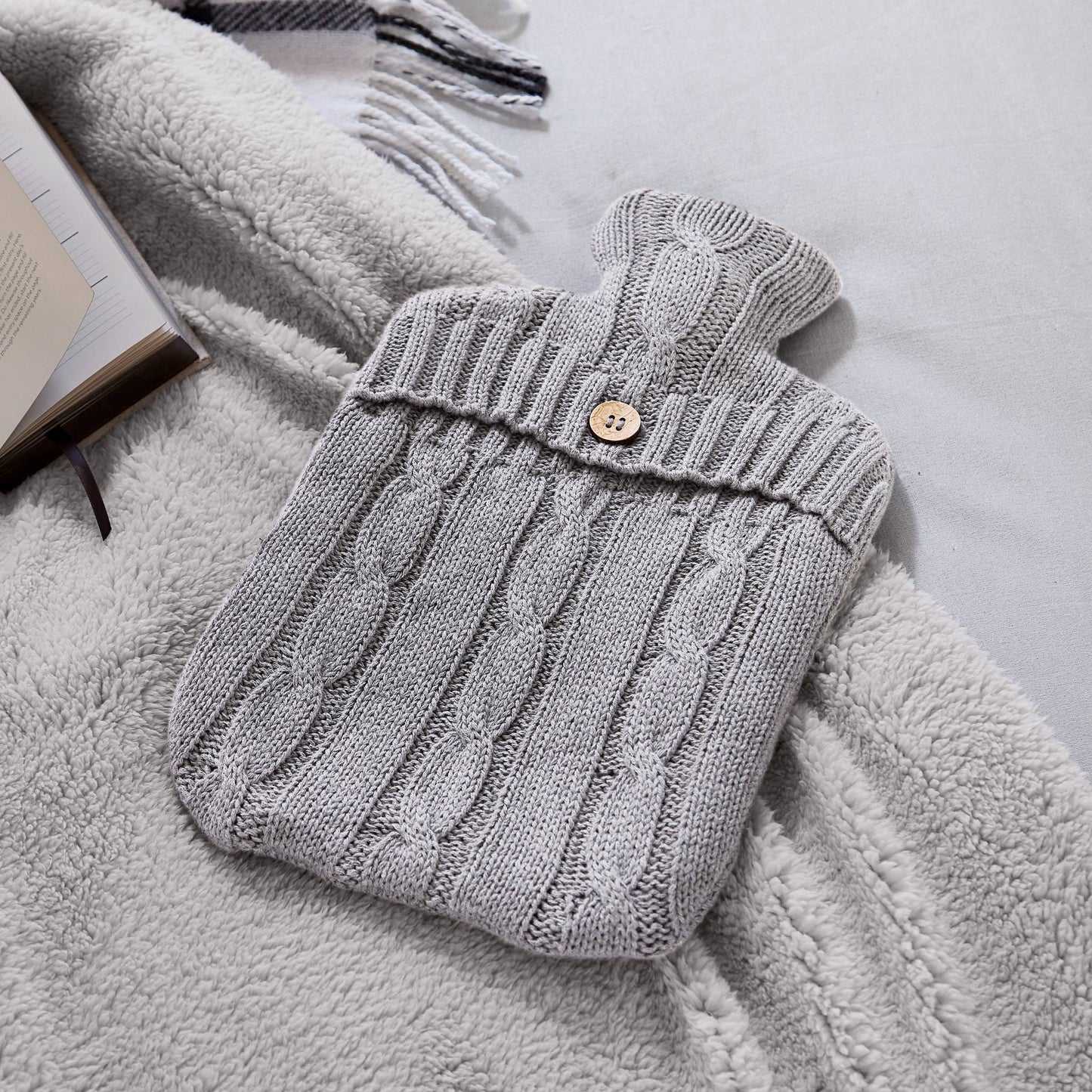 Cable Knit Hot Water Bottle & Cover Cloud Grey
