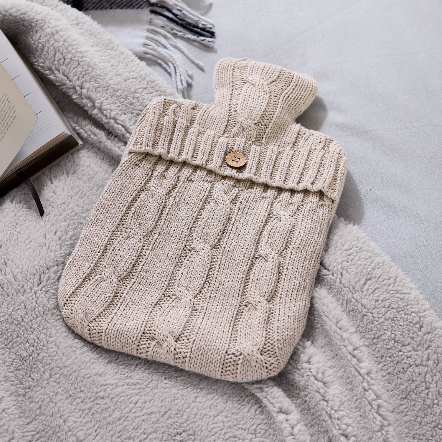 Cable Knit Hot Water Bottle & Cover Linen